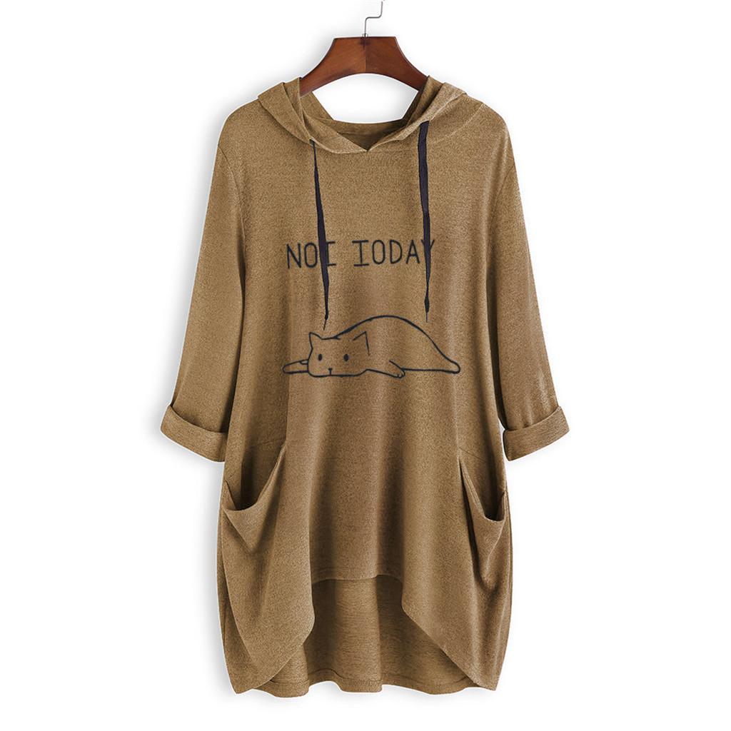 Women Casual Lying Cat Printed Long Sleeve Cat Ear Hooded Sweatshirt Pocket Tops
