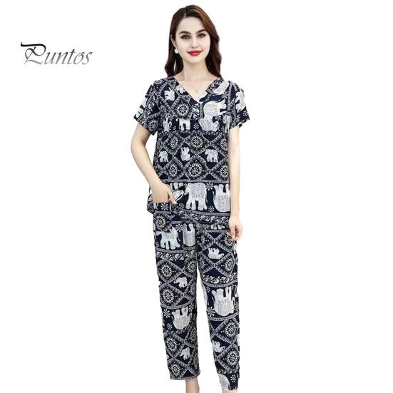 

Женский хлопковый пижамный комплект с коротким рукавом и длинными штанами, повседневный комплект из двух предметов для сна, летняя тонкая домашняя одежда больших размеров для пожилых мам 5XL чёрный