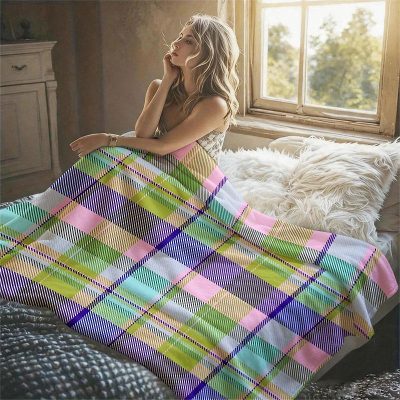 Madras Plaid Colorful Flannel Blanket Perfect for Sofa Office Bed Travel Sleep Read Relax Camping Four Season Use
