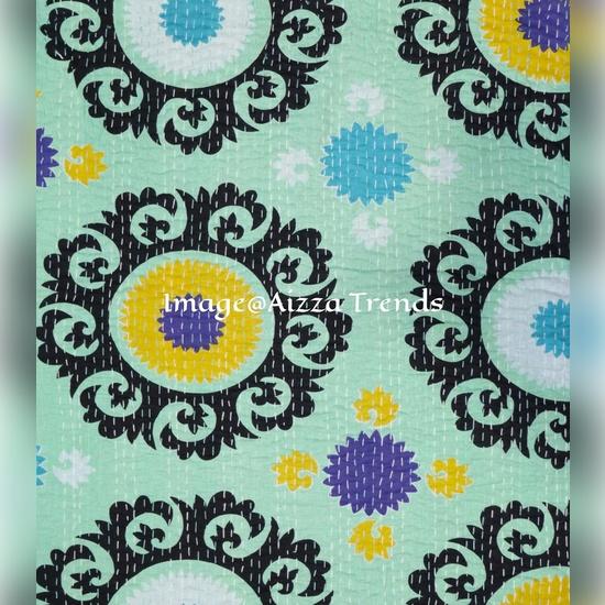 Aizza Trends Handmade Pure Cotton  Printed Kantha Quilt  - Traditional Look Bed Spread Kantha Gudri - Vintage Hand Stitch Gudri