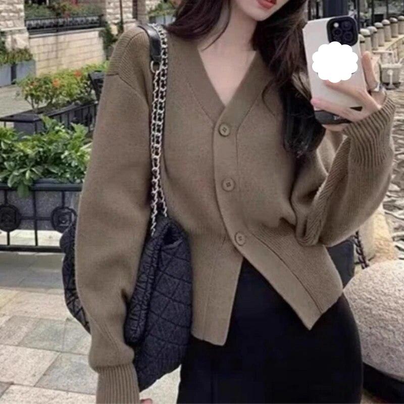 

Осенний свитер с длинными рукавами, пальто, женские повседневные однотонные топы, белые трикотажные изделия с v-образным вырезом, вязаные кардиганы, женская зимняя одежда 29529 One Size коричневый