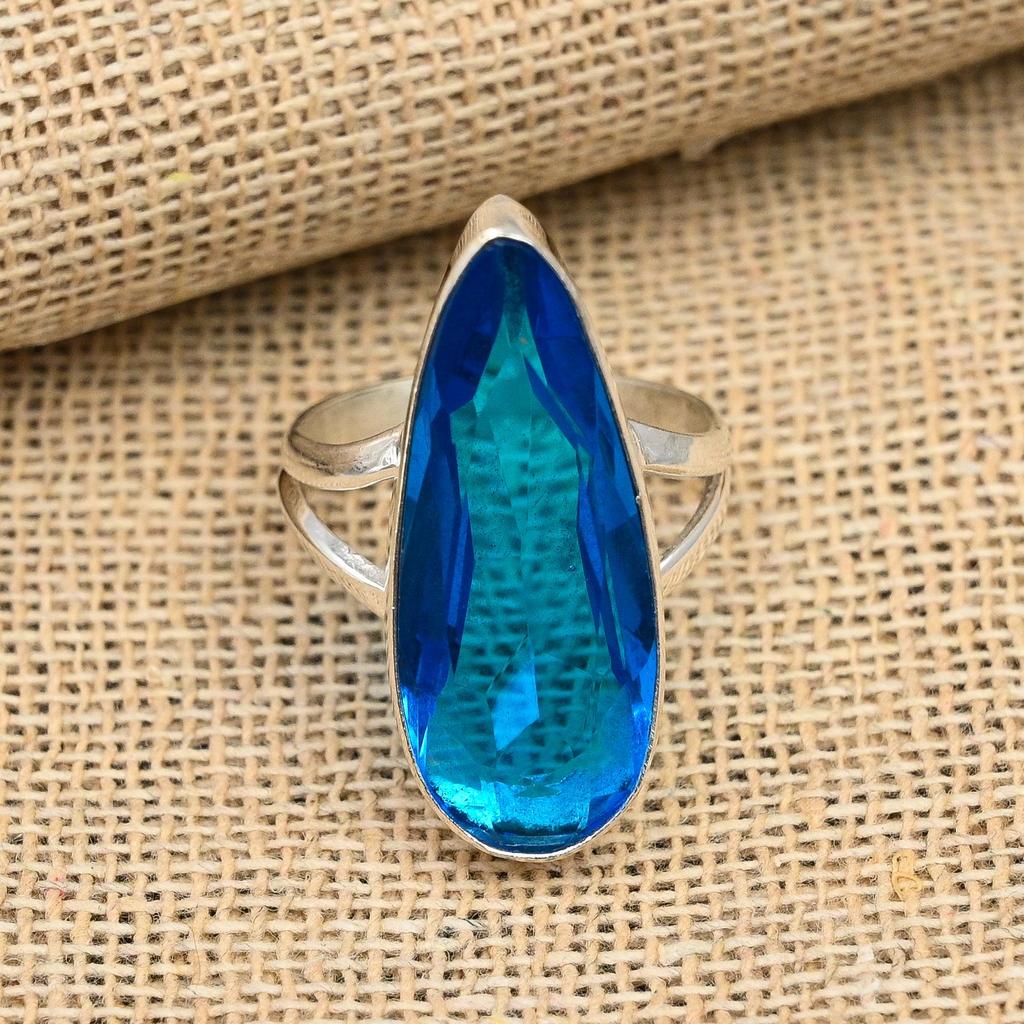 Bijoux en Topaze Bleue Pierre Naturelle Bague Faite à la Main Argent Sterling Massif 925 Pour Cadeau de Mariage