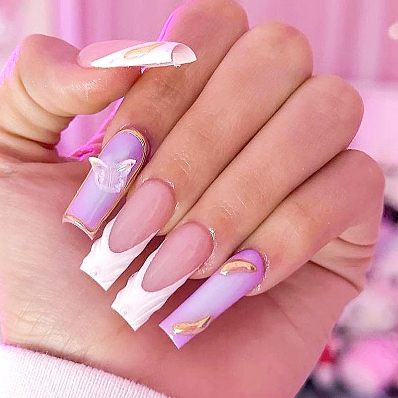 

French Butterfly Glitter Gel Press-on Nails - Removable Nail Art Tips