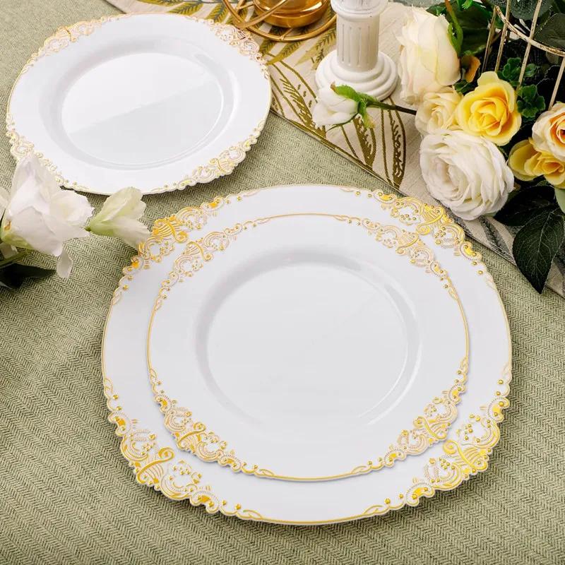 50pc Plate with Gold Beads Rim Plastic Decorative Dinner Serving Plate Dessert Wedding Xmas Party Dining Plates Decor