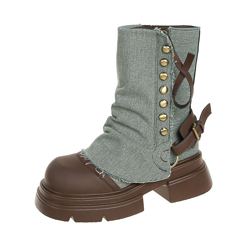 Niche design jeans tube boots women's 2025 Korean version doll head heightening fashion boots versatile medium boots short boots