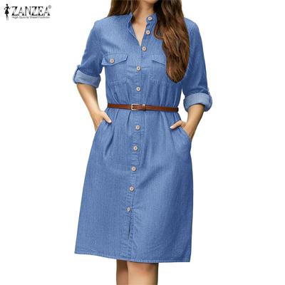 Women Casual Stand Collar Long Sleeve Shirt Dress