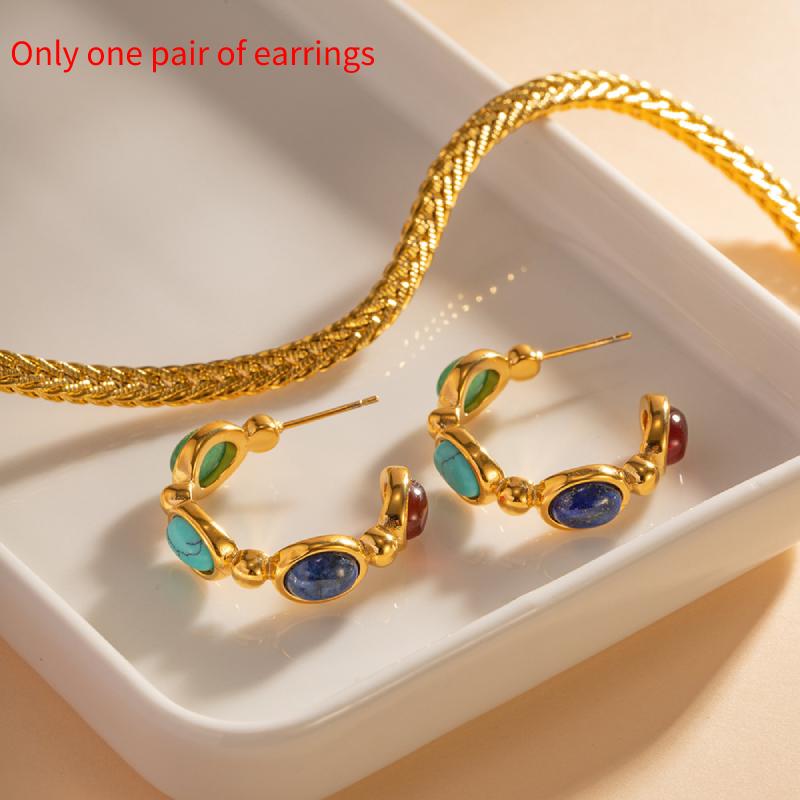 18k Gold Plating Stainless Steel Inlaid Natural Stone Cshaped Gift Earrings