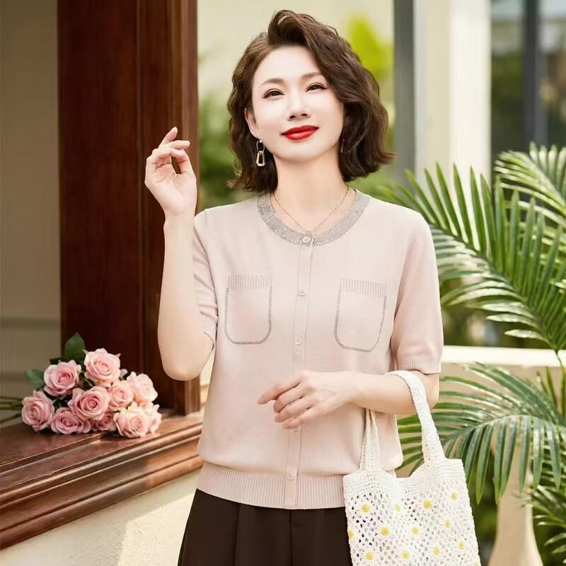 Jianhu Women s Rhinestone Collar Knit Short Sleeve Top L