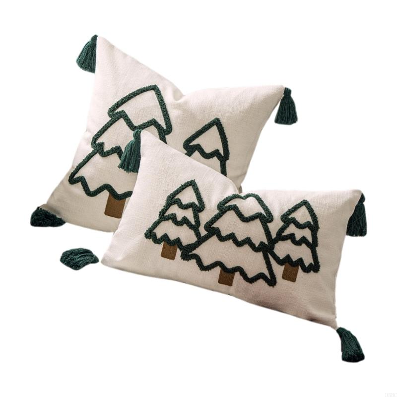 2Pieces Festival Embroidery Pillow Cover Cotton Linen Fabric Soft Breathable For Christmas Seasonal Decoration
