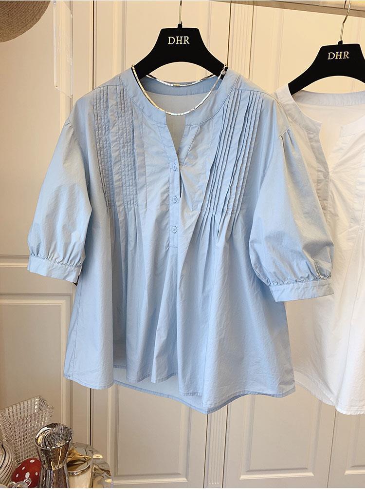 Korean version of loose Japanese casual shirt pleated bubble sleeves cotton short-sleeved doll shirt top women