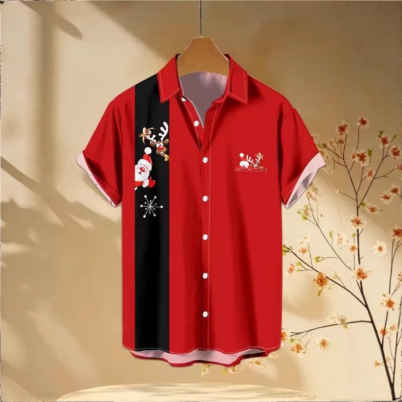 Autumn and Winter Men's Short Sleeved Shirt New Year's Christmas Pattern Digital Printed Shirt Top Men's Casual Shirt