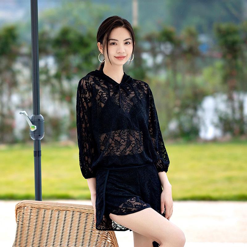 Korean Style Women's Three-Piece Swimsuit Set with Long Sleeve Sun Protection and Slimming Push-Up Features