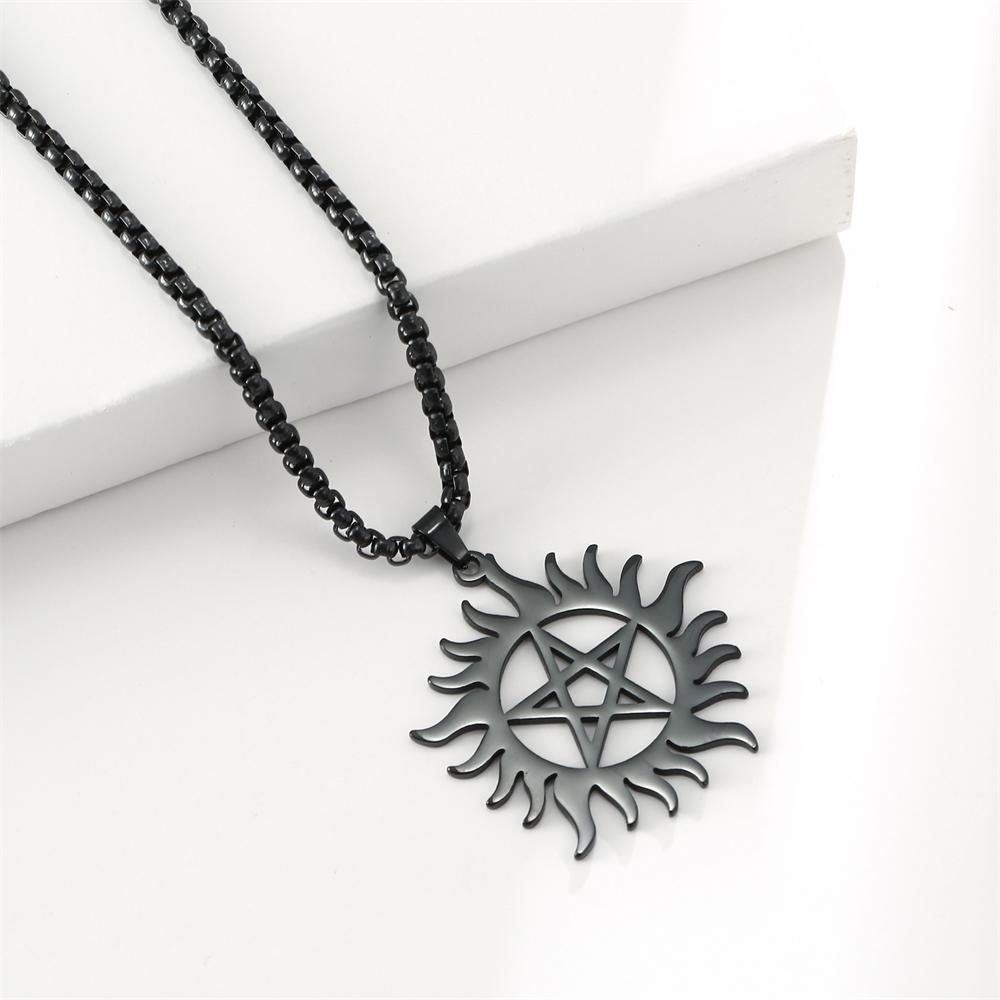Cazador Sun Wheel Pentagram Charm Necklace for Women Men Supernatural Dean Amulet Sweater Chain Stainless Steel Collars Couple