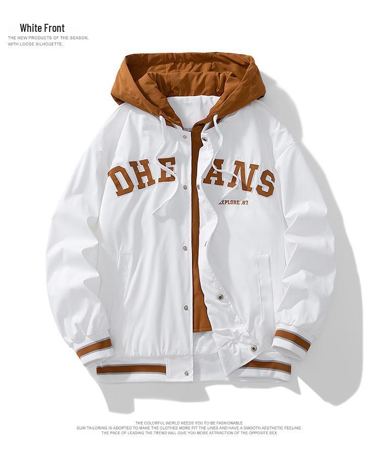 Men's Casual Hooded Jacket - Spring/Autumn 2025 Trendy Embroidered Baseball Style, Fake Two-Piece Design for Couples