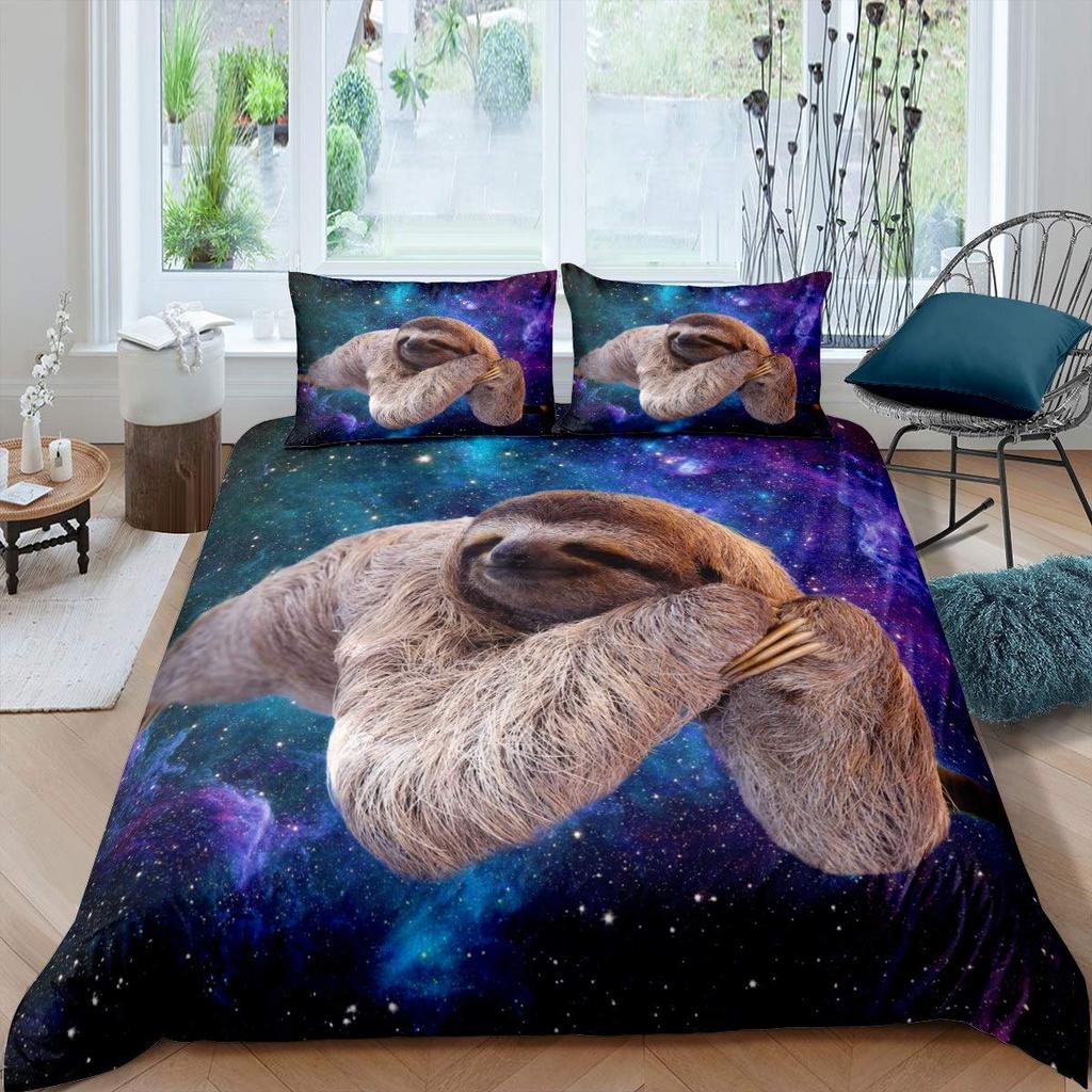 Cartoon Sloth Duvet Cover Set Cute Animals Bedding Sets For Boys Girls Funny Sloth Tropical Leaves Floral Nature Quilt Cover Set