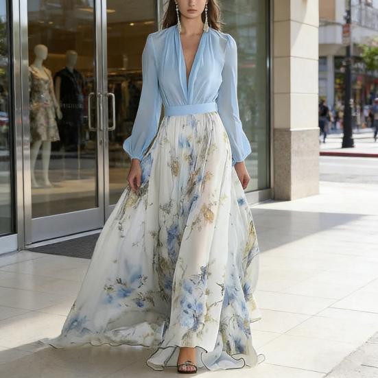 Dámské šifonové šaty s dlouhým rukávem, květinový potisk, hluboký výstřih do V, splývavé šaty áčkového střihu, šaty pro hosty na jarní svatbu