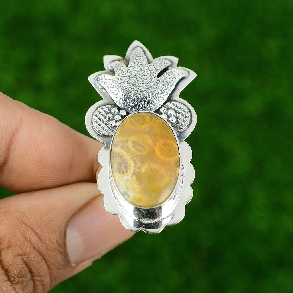 Fossil Coral Stone 925 Sterling Silver Statement Bezel Wife Engagement New Ring
