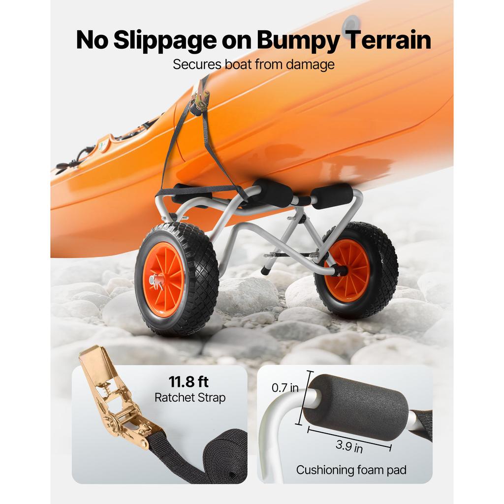 SucceBuy Kayak Cart 250lbs Capacity Foldable Kayak Trolley with 10-inch Solid Rubber Tires & 1 Ratchet Strap for Carrying Kayaks