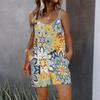 Womens Sleeveless Spaghetti Strap Romper Retro Floral Print Pocket Short Jumpsuit
