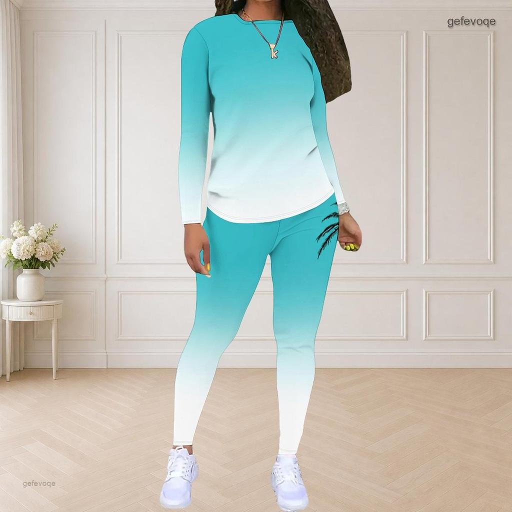 Women Plus Size Two Piece Set Round Neck Long Sleeve Top Fitted Pants Cartoon Printed Colorful Outfit