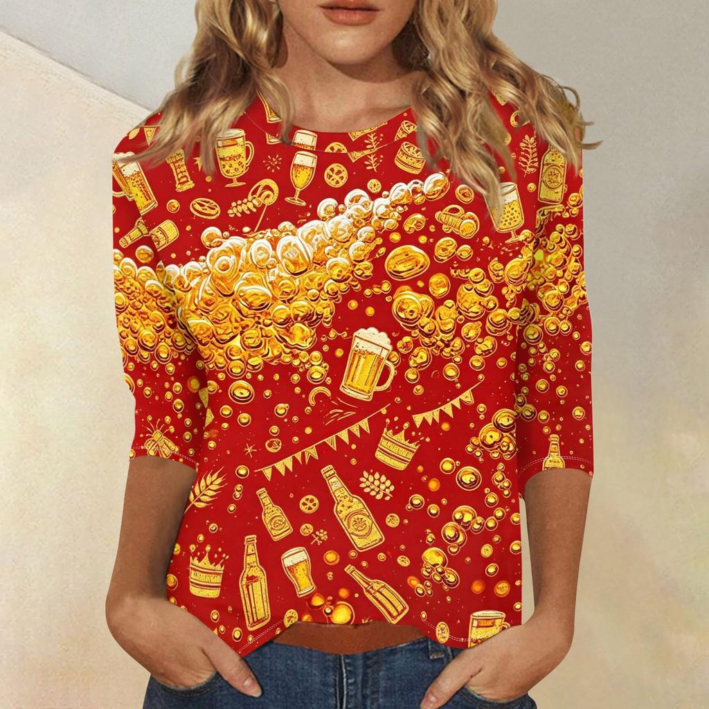 Women's Casual Three Quarter Sleeve Round Neck Top Oktoberfest Beer Print Lightweight Comfortable Fit Pullover Shirt