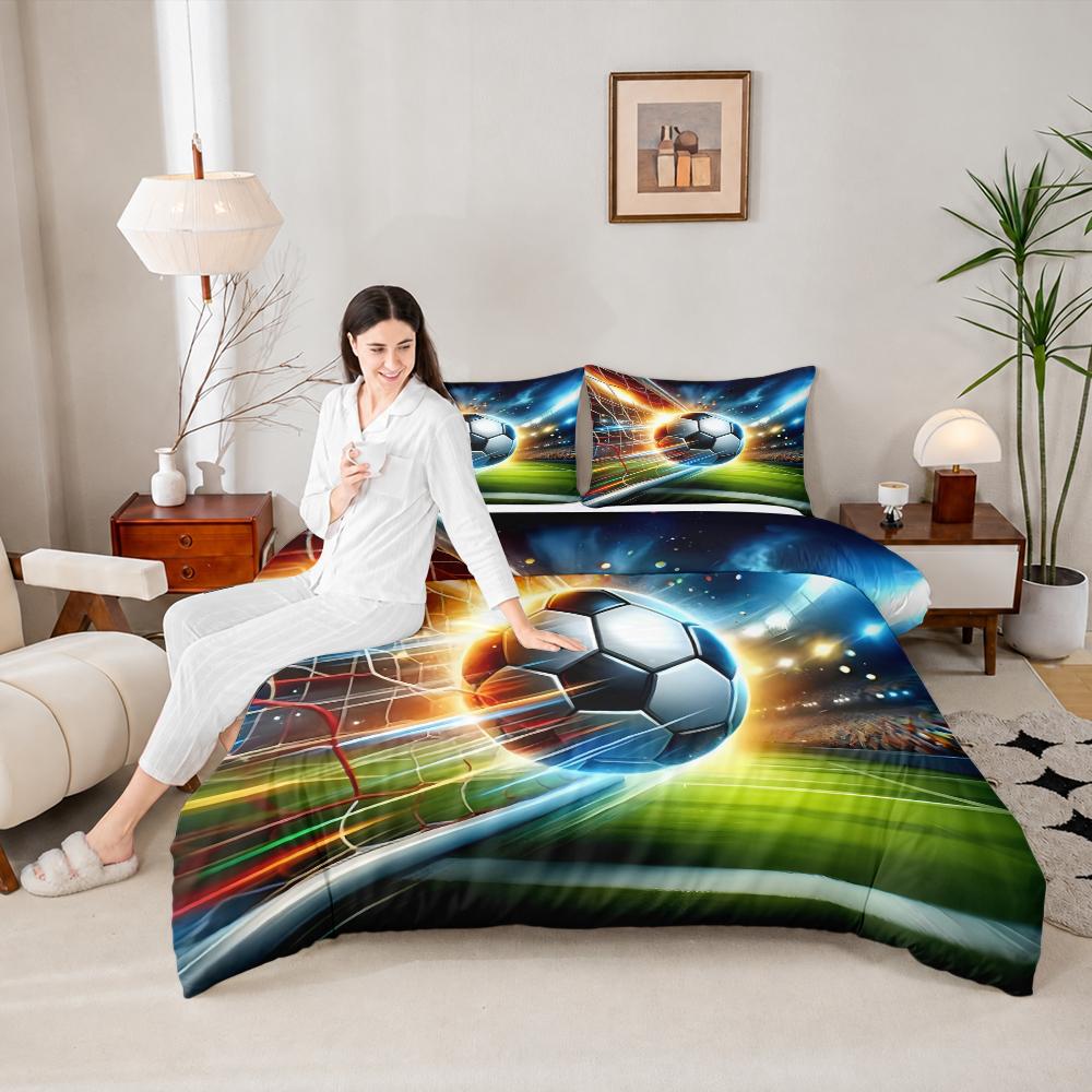 Soccer Ball Goal Net Stadium Night 3 Piece Bedding Set, Match Winning Shot Duvet Cover Set for Boys Football Fan Bedroom