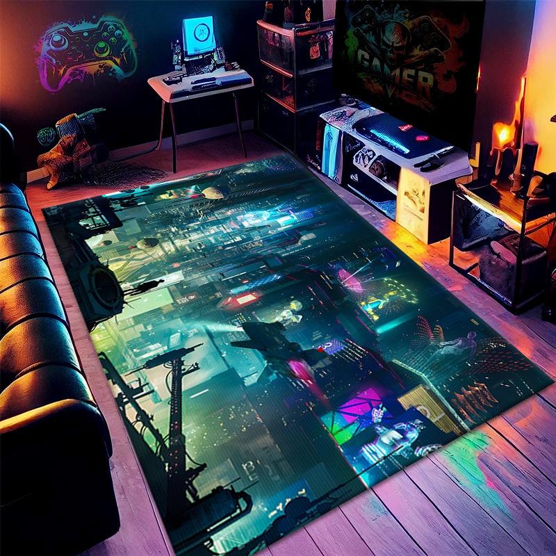 Gaming-Bereichsteppich 3D-Schwarzlicht Sci-Fi-Stil Teppich Zukünftige Technologie-Thema Bedruckte Heimdekorationsmatten für Esszimmer Wohnzimmer Sofa