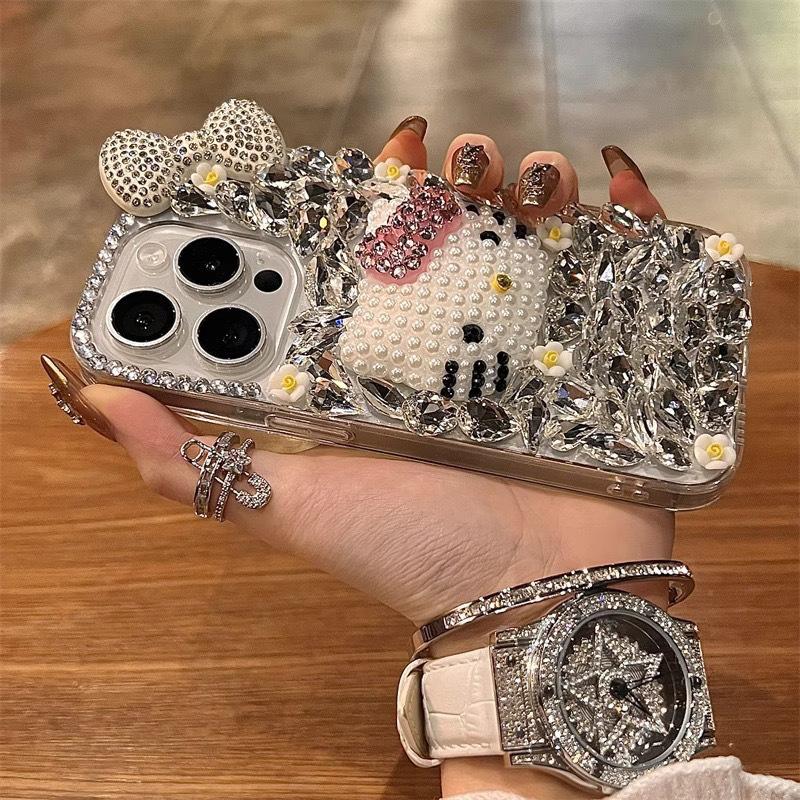 

Rhinestone Bow Tie Cartoon Kt Cat Mobile Phone Case For Samsung S25Ultra Full Diamond S24Plus High-End Sense S22 Female samsung s10