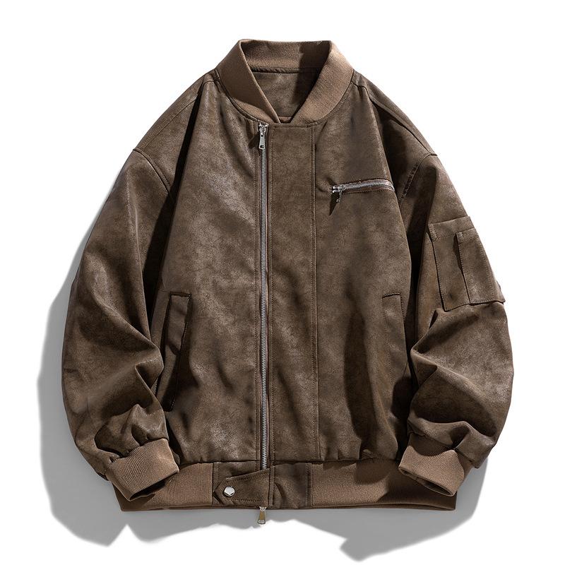 Αμερικάνικο Μπουφάν Μπέιζμπολ Μοτοσικλέτας, Μπουφάν από Πλυμένο Δέρμα, Ανδρικό Ανοιξιάτικο και Φθινοπωρινό Χαλαρό Πιλοτικό Μπουφάν με πέτο