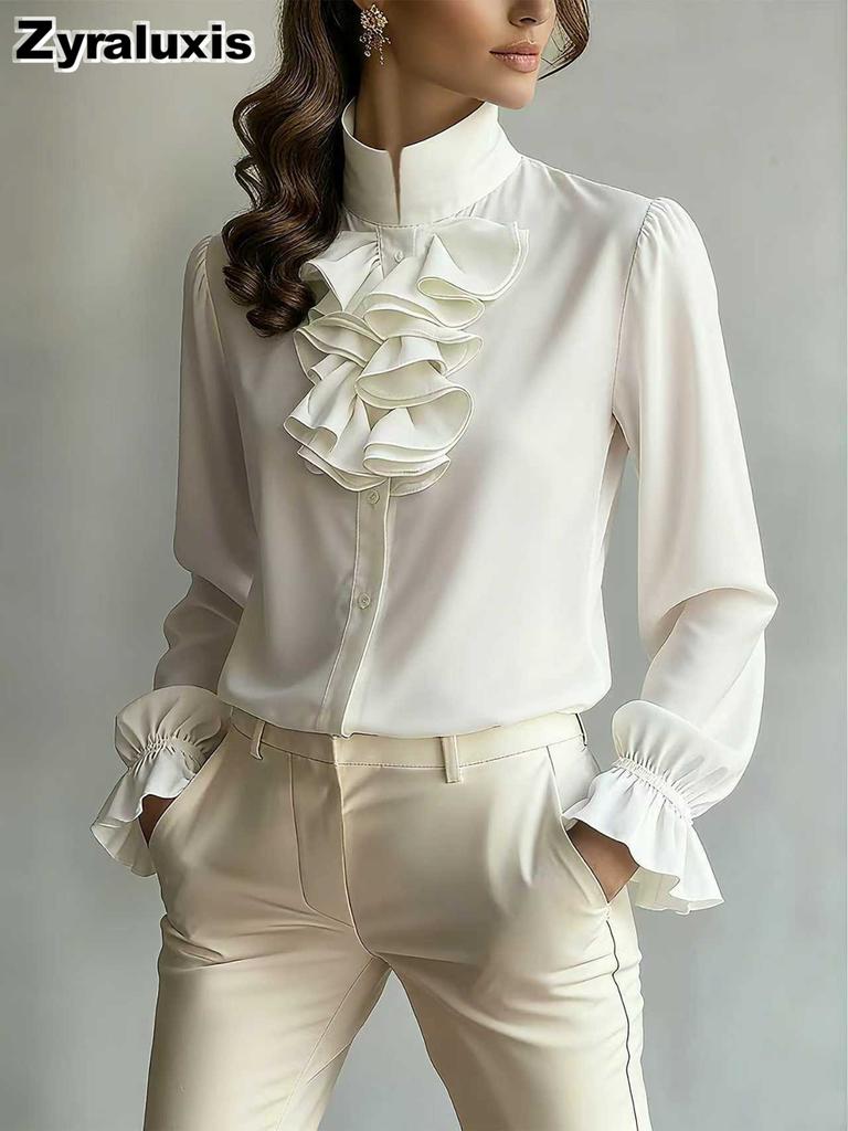 New Style Chic Casual Loose Collar Solid Color Ruffled Shirt for Women