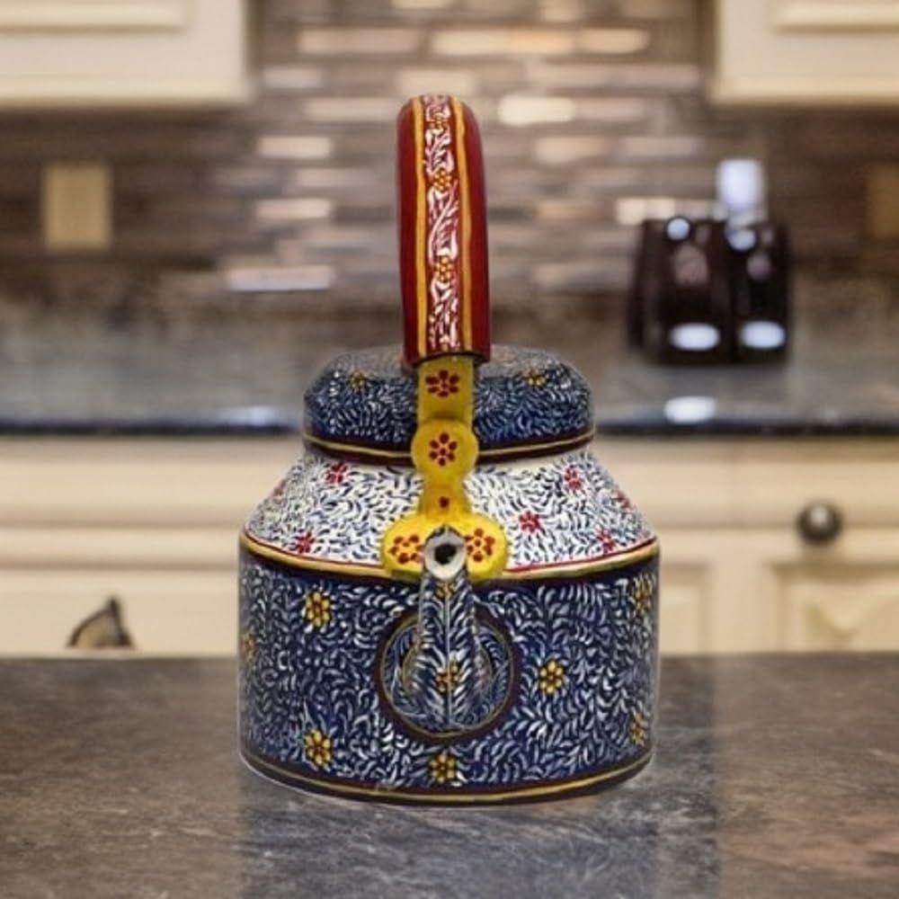 Traditional Handpainted Aluminum Kettle Tea Pot for Serving (Blue and White)