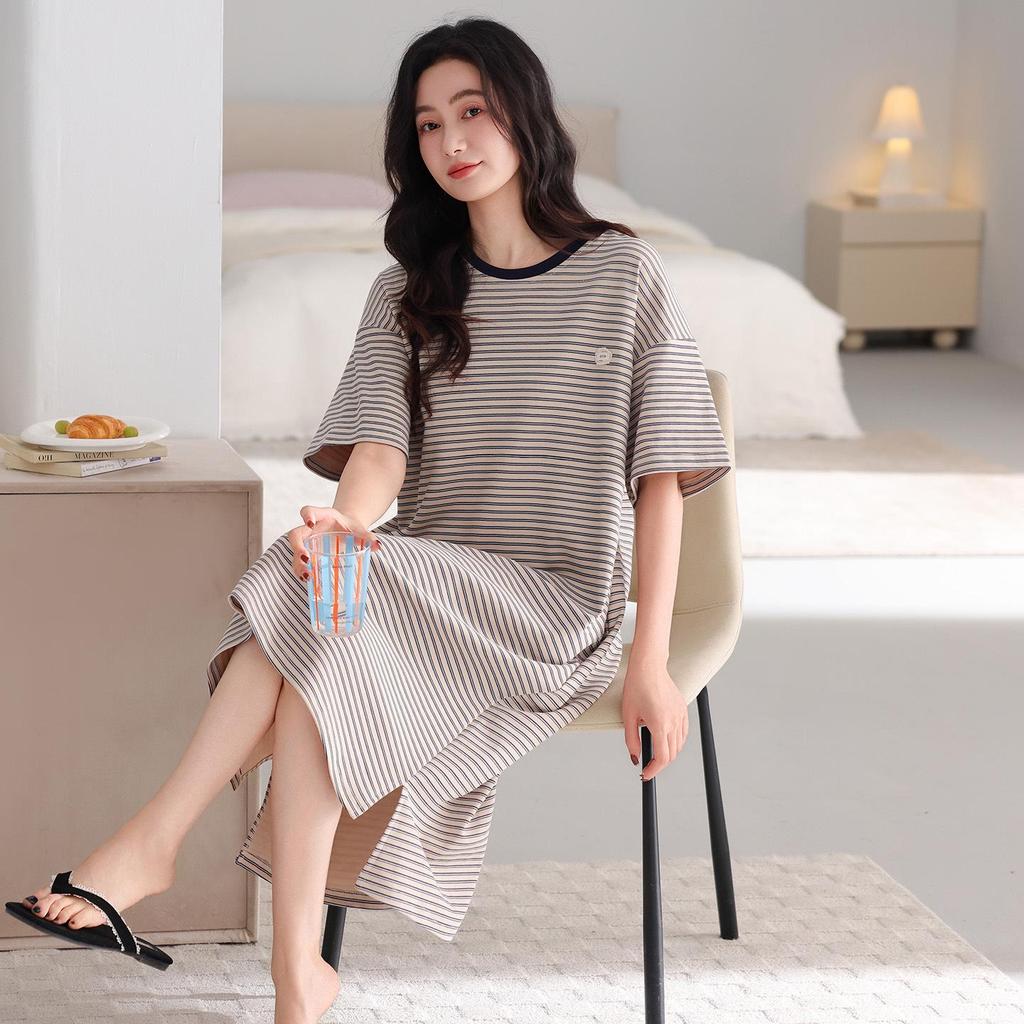 Class A Maternity & Baby Combed Cotton Striped Nightgown - 100% Breathable, Sweat-Absorbent Pure Cotton Pajamas