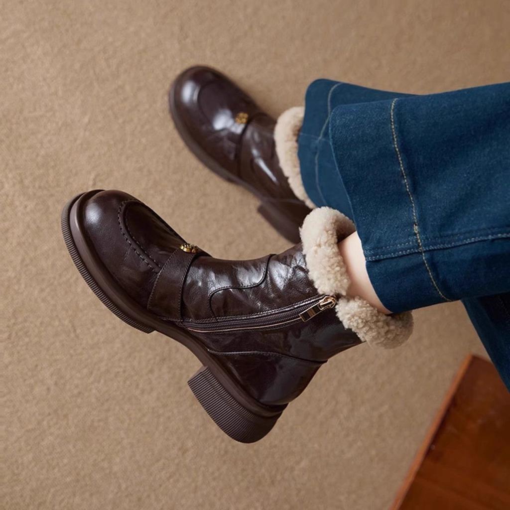 Women Fur Edged Short Plush Ankle Boots for Winter Side Zip Chunky Heel Warm Booties Classic Leisure Short Boot