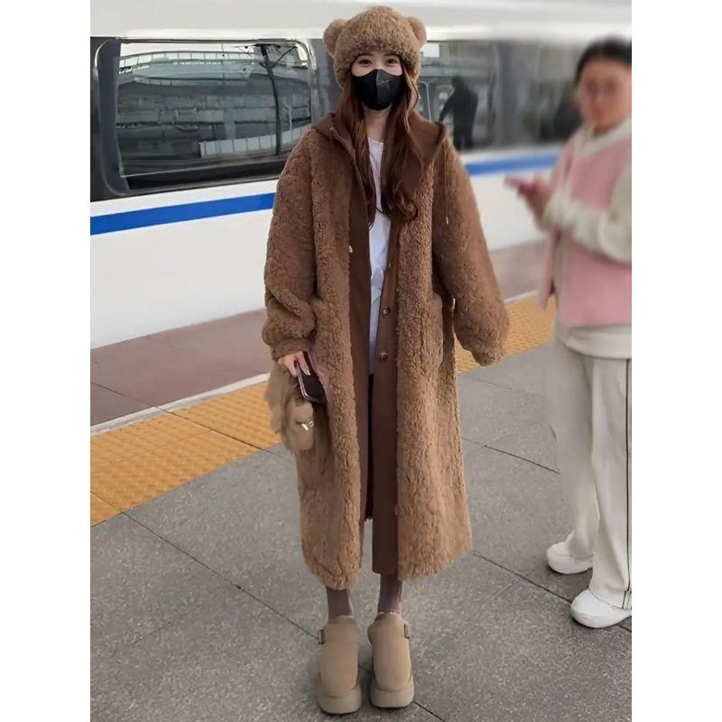 Korean Lazy Style Lamb Wool Winter Thick Warm Women Long Coat Faux Two Piece Jacket