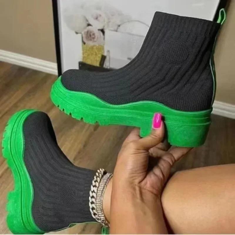Winter Ankle Boots 2024 New Comfortable Thick-soled Outdoor Walking Snow Boots Casual Slip-on Womens Knitted Elastic Socks Boots