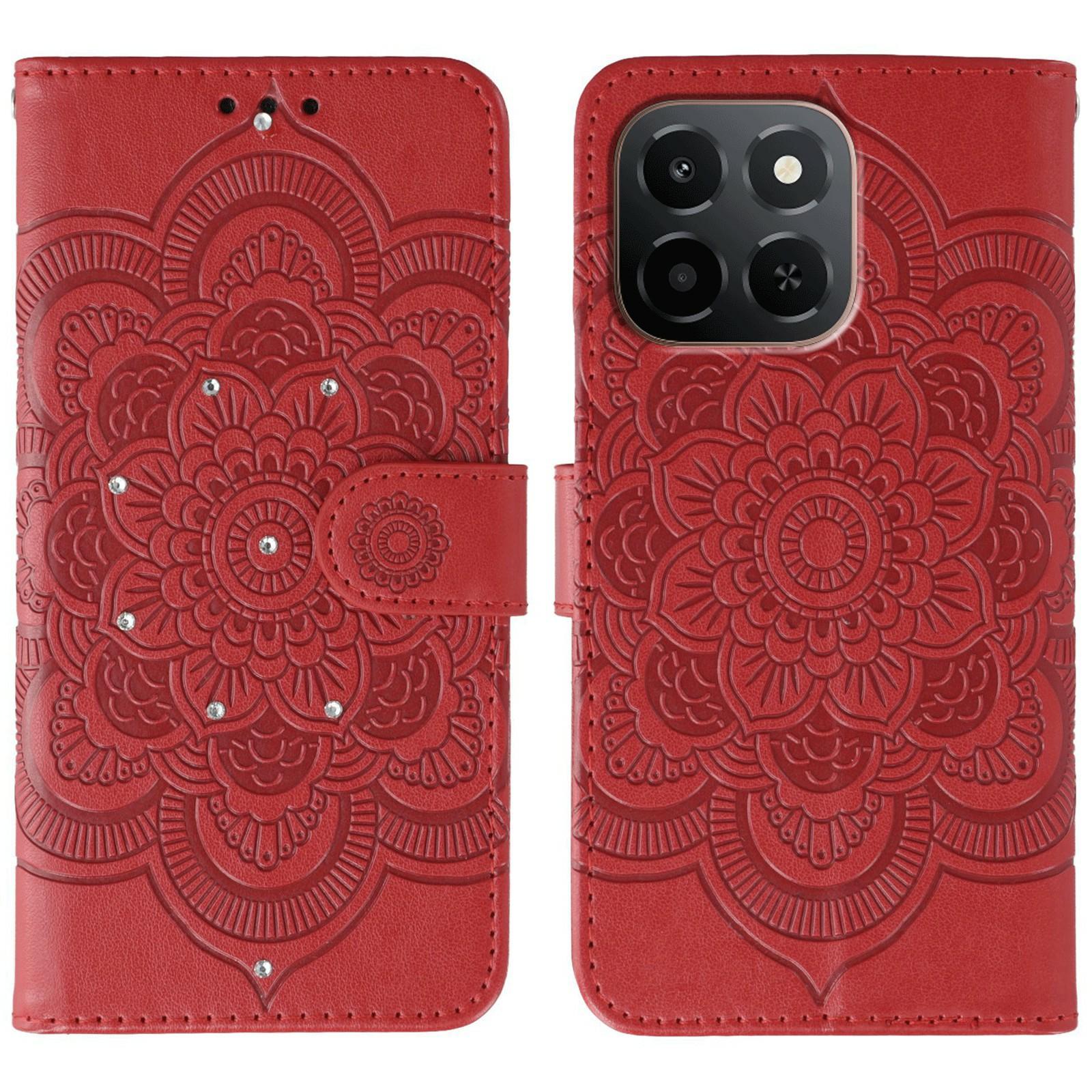 

For Honor X6c 4G Case Rhinestone Decor PU Leather Mandala Imprinted Design Phone Cover with Wrist Strap Red