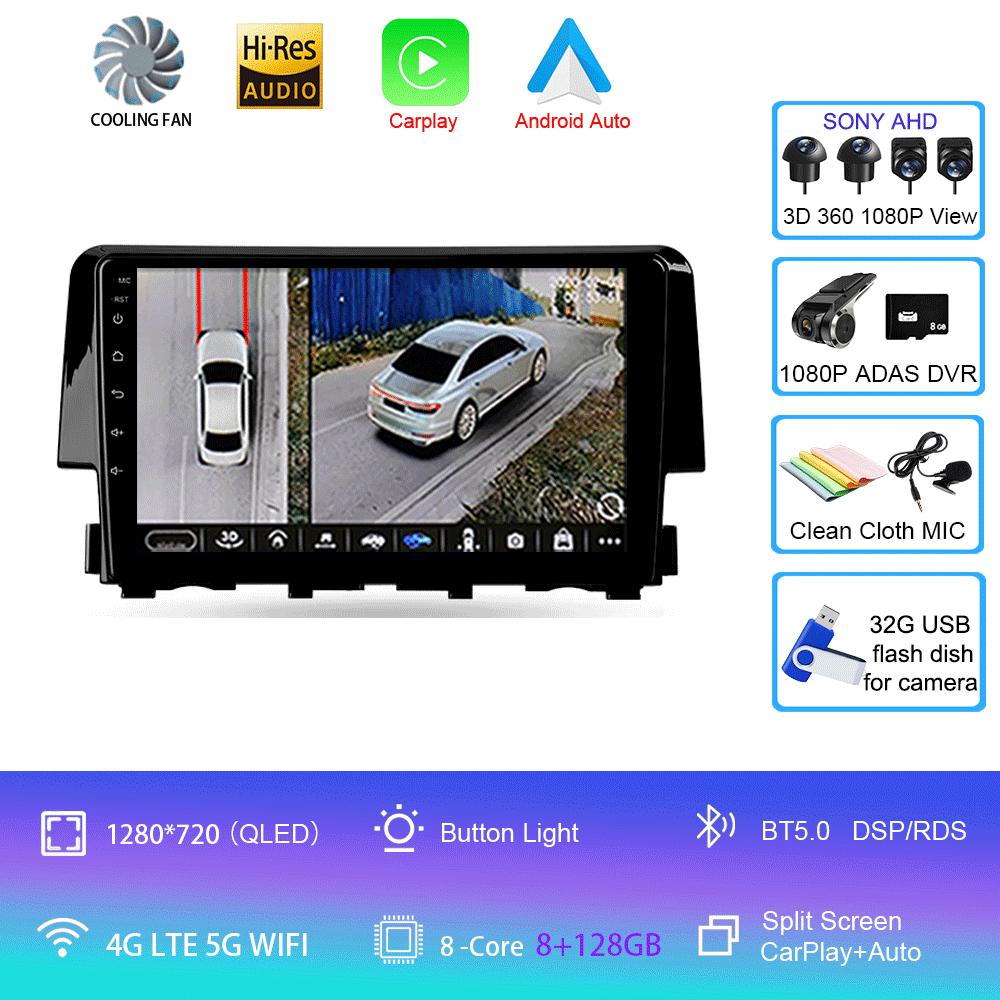Android 14 Car Radio Carplay Auto For Honda Civic 2016 2017 2018 - 2021 GPS Multimedia WIFI+4G Head Unit BT Player Stereo Video
