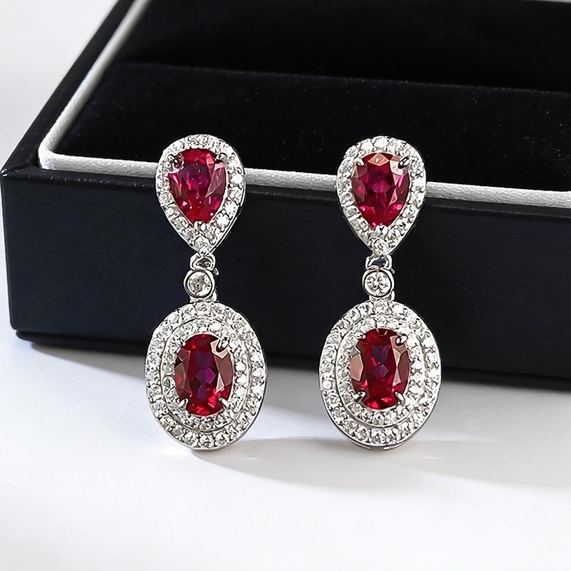 Luoxi Temple S925 Silver Pigeon Blood Red Blue Sapphire Earrings for Women - Pear-shaped Oval 5*7mm Sterling Silver
