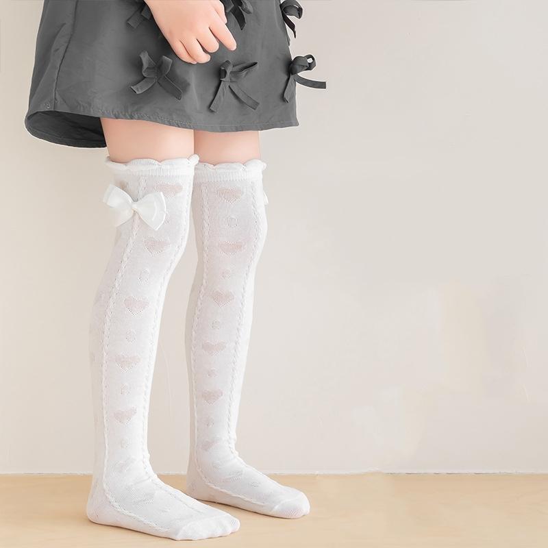 Girls Knee High Long Socks White Color Princess Love Bow Calf Socks Spring Summer Thin Mesh Breathable Kids Stockings 3-8Years