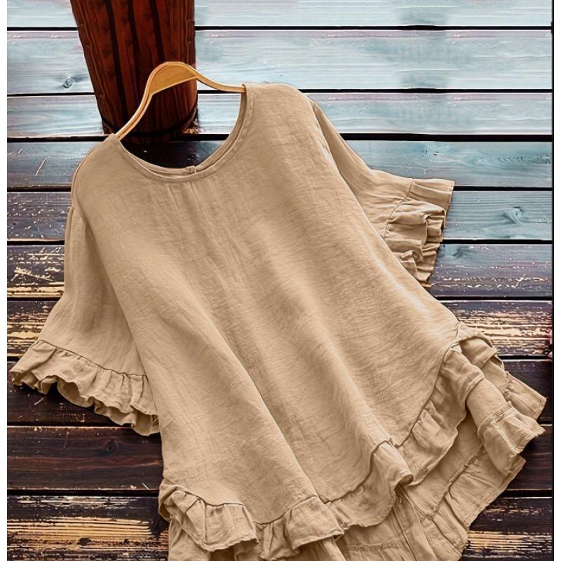 Plus Size Women's Ice Silk Pleated Ruffle Top with Flare Sleeves and Round Neck.