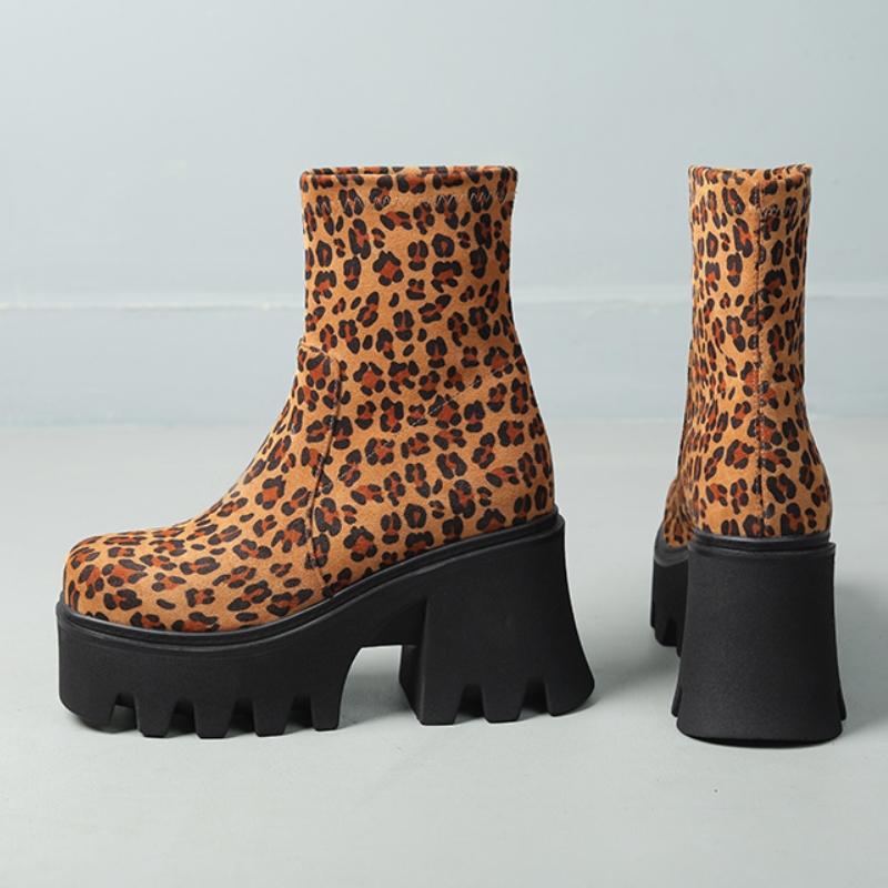 Platformowe Damskie Botki do Kostki Punk Wysokie Obcasy But Motocyklowy Flock Czarny Leopard Jesień Zima Buty Imprezowe Damskie Duży Rozmiar