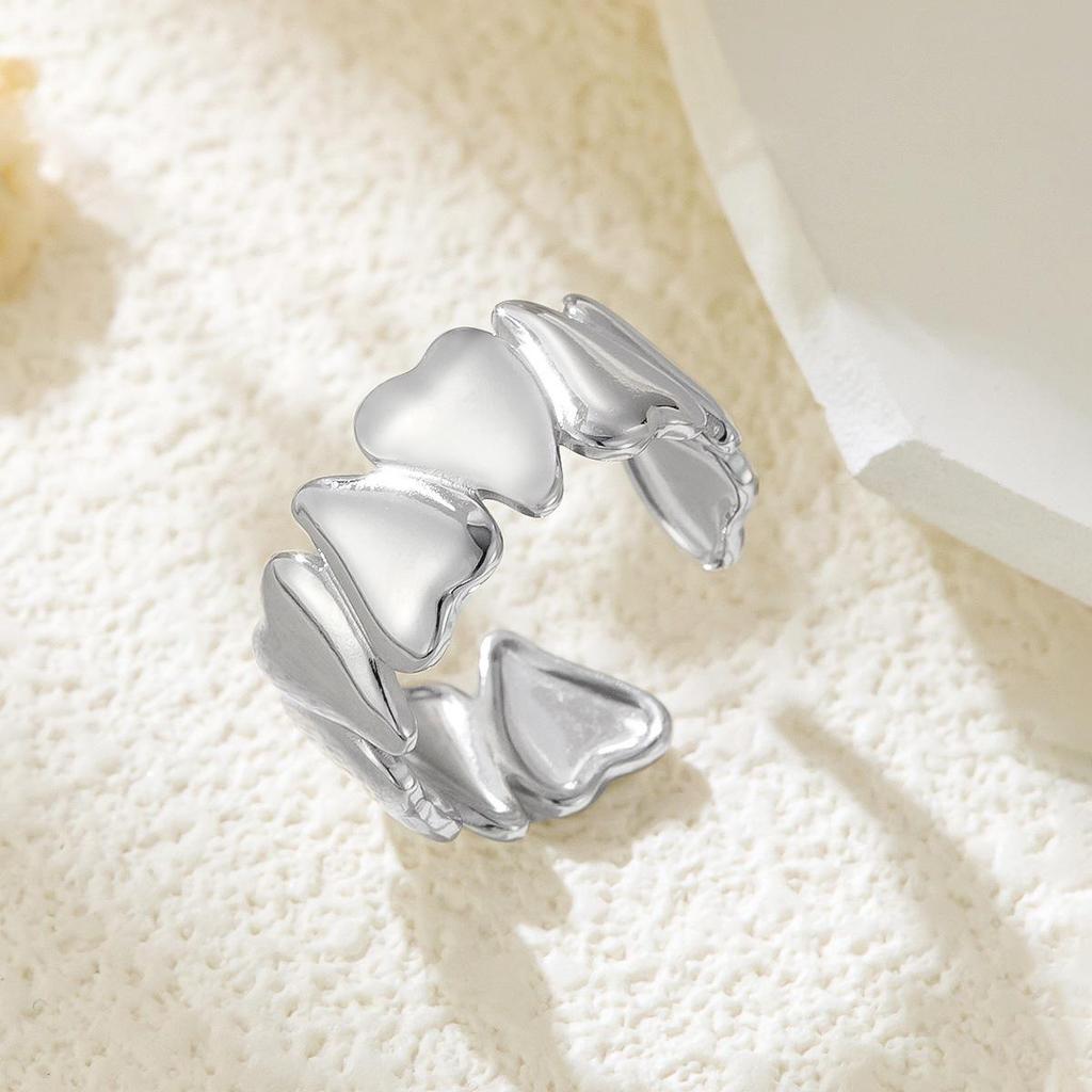 Heart-Shaped Stainless Steel Open Ring for Women, European & American Light Luxury Design, 18K Gold Plated