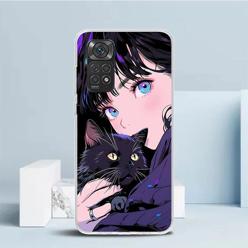 Anime Girls Cute Black Cat Phone Case For Xiaomi Redmi Note 15 14 14S 13 12S 12 Pro Plus 11S 11 11T 11E 10S 10 + Soft TPU Back C