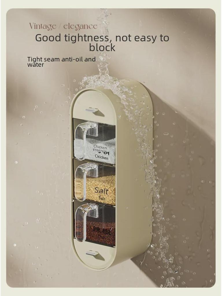 Conjunto de caixa de tempero de plástico antiperfurante para montagem na parede com colher - Inclui recipientes para sal e glutamato monossódico para cozinha.