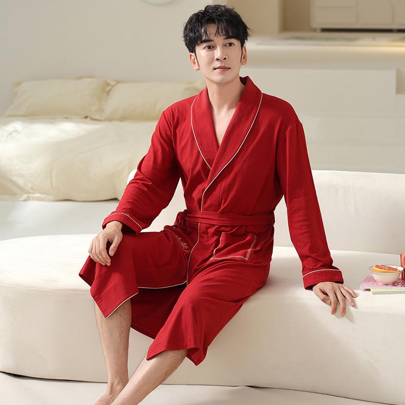 Couple Pajamas Women'S Spring And Autumn Cotton Long-Sleeved Nightgown Bridal Dressing Gown Bathrobe Men'S Big Red Wedding Suit