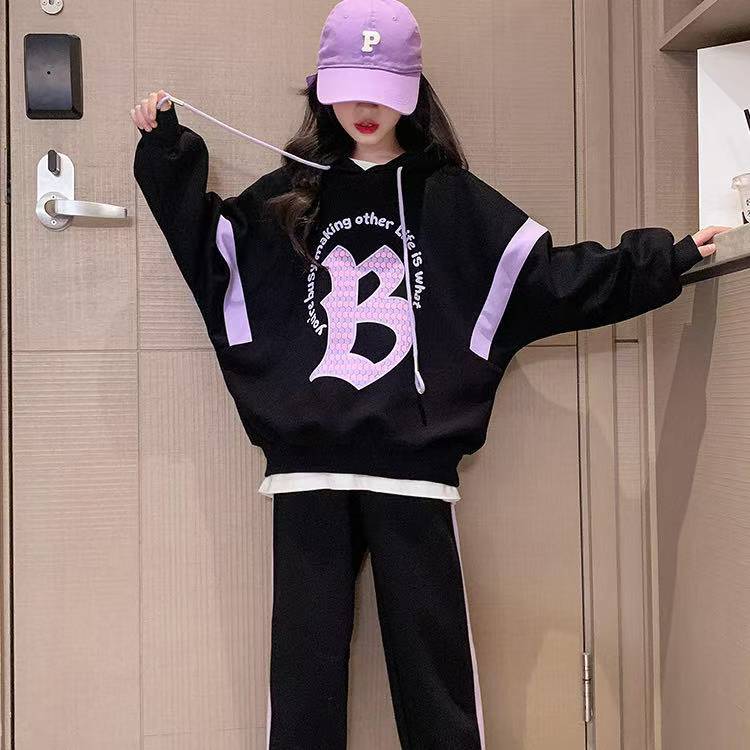 

Костюм для девочек, свитер с длинными рукавами и капюшоном + брюки, костюм из двух частей, модный свободный костюм с шароварами 160 чёрный