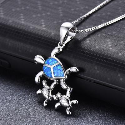 Mode Bohème Mignon Pendentif Collier Famille Tortue de Mer pour Femmes Fille Incrustation Opale Bleue Imitation Collier Bijoux Fête Mariage