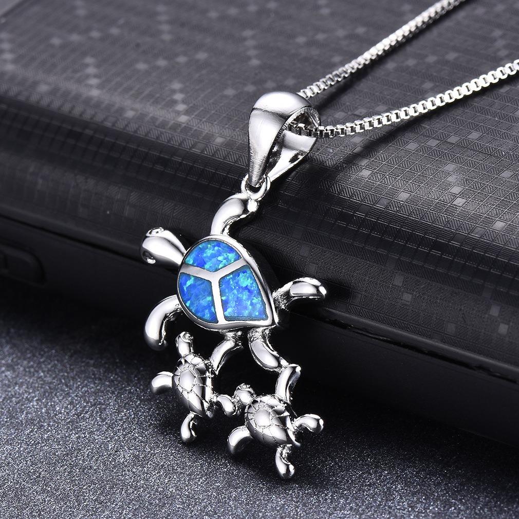 Boho Fashion Cute Sea Turtle Family Pendant Necklace for Women Girl Inlay Imitation Blue Opal Necklace Wedding Party Jewelry