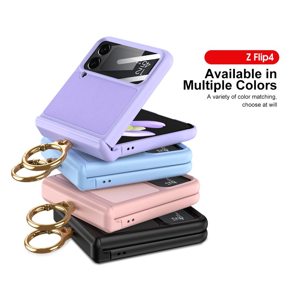 For Samsung Galaxy Z Flip 4 Case Ultra -Thin Plain Leather Magnetic Hinge Finger Ring Holder Bracket Mirror Film Shockproof Cover