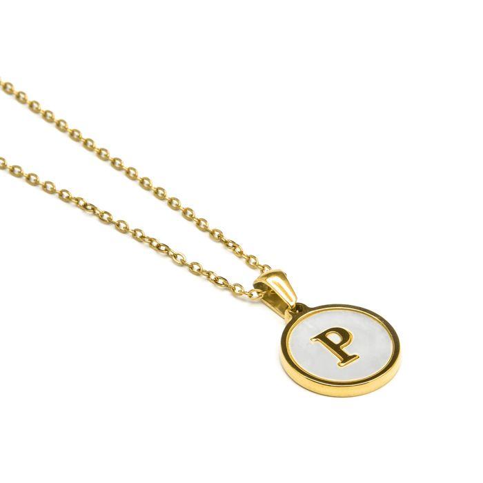 Collier - LUXENTER - Alphabet P - Nacre blanche - Or jaune 18K - 42 cm + 3 cm d'extension